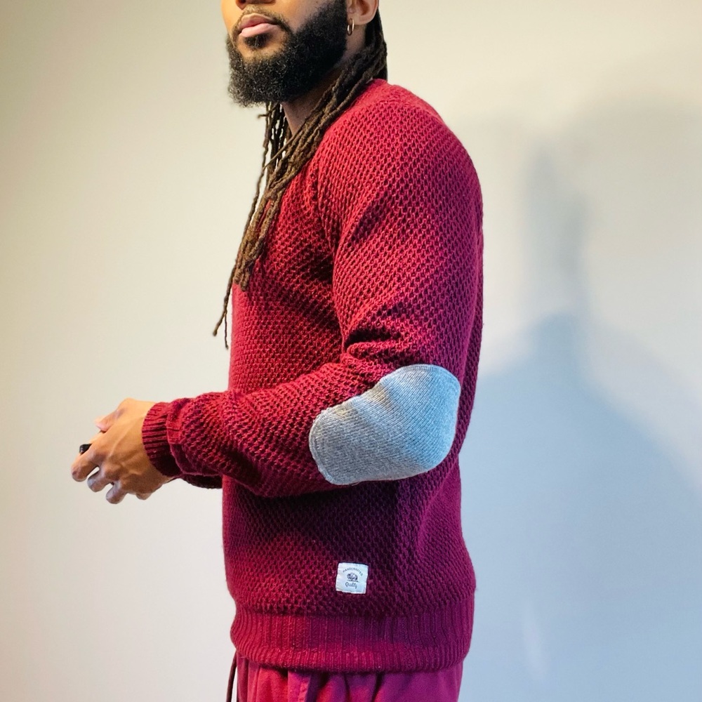 BellField Knit Sweater, Color Burgundy, Size M, Elbow Patches